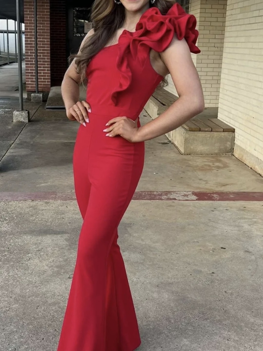 Red Ruffle One-Shoulder Jumpsuit